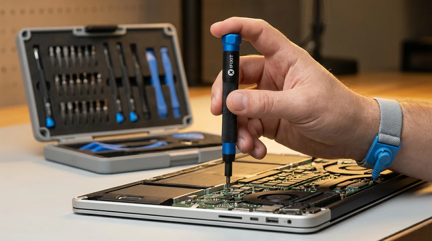 Ruka se šroubovákem iFixit opravuje vnitřní součástky notebooku, v pozadí je otevřené pouzdro se sadou nářadí Essential Electronics Toolkit.