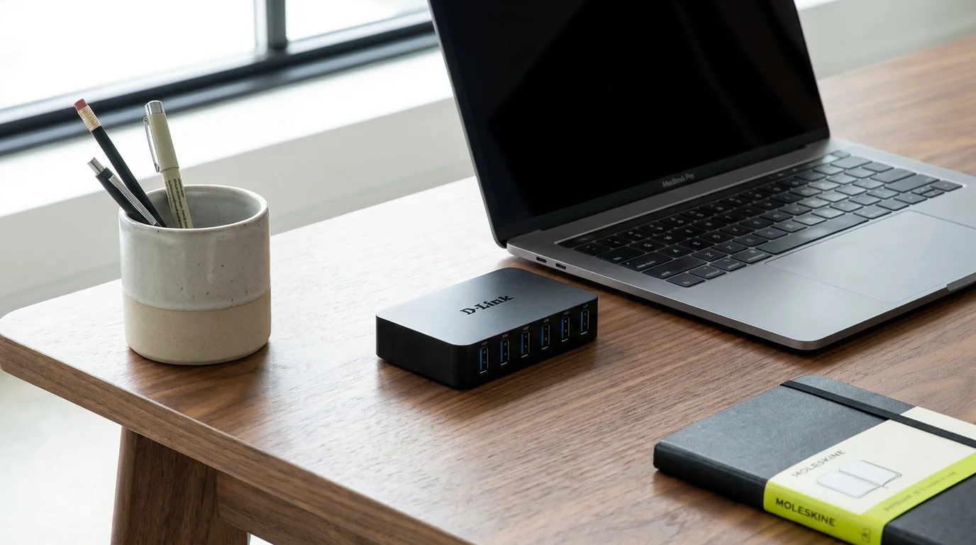 Černý USB hub D-Link DUB-H7 na dřevěném stole vedle notebooku a zápisníku.