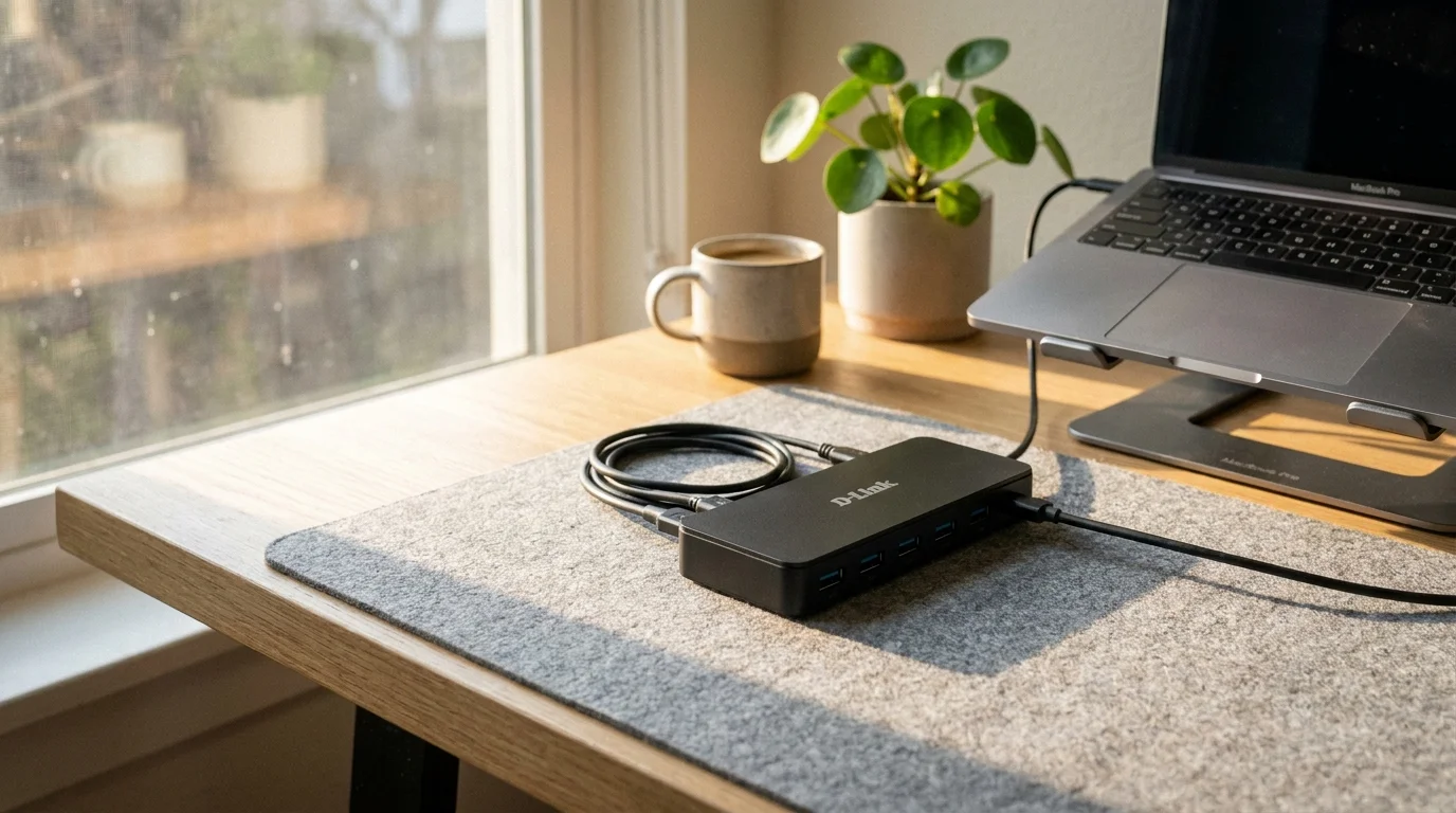 Černý USB hub D-Link DUB-H7 s připojenými kabely na šedé plstěné podložce na dřevěném stole.