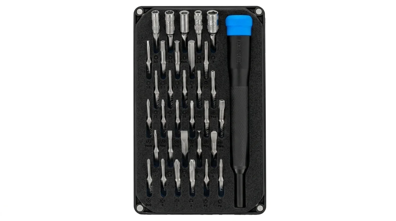 Sada pro opravu elektroniky iFixit Precision s 32 bity a šroubovákem s modrou otočnou hlavou v černém organizéru.