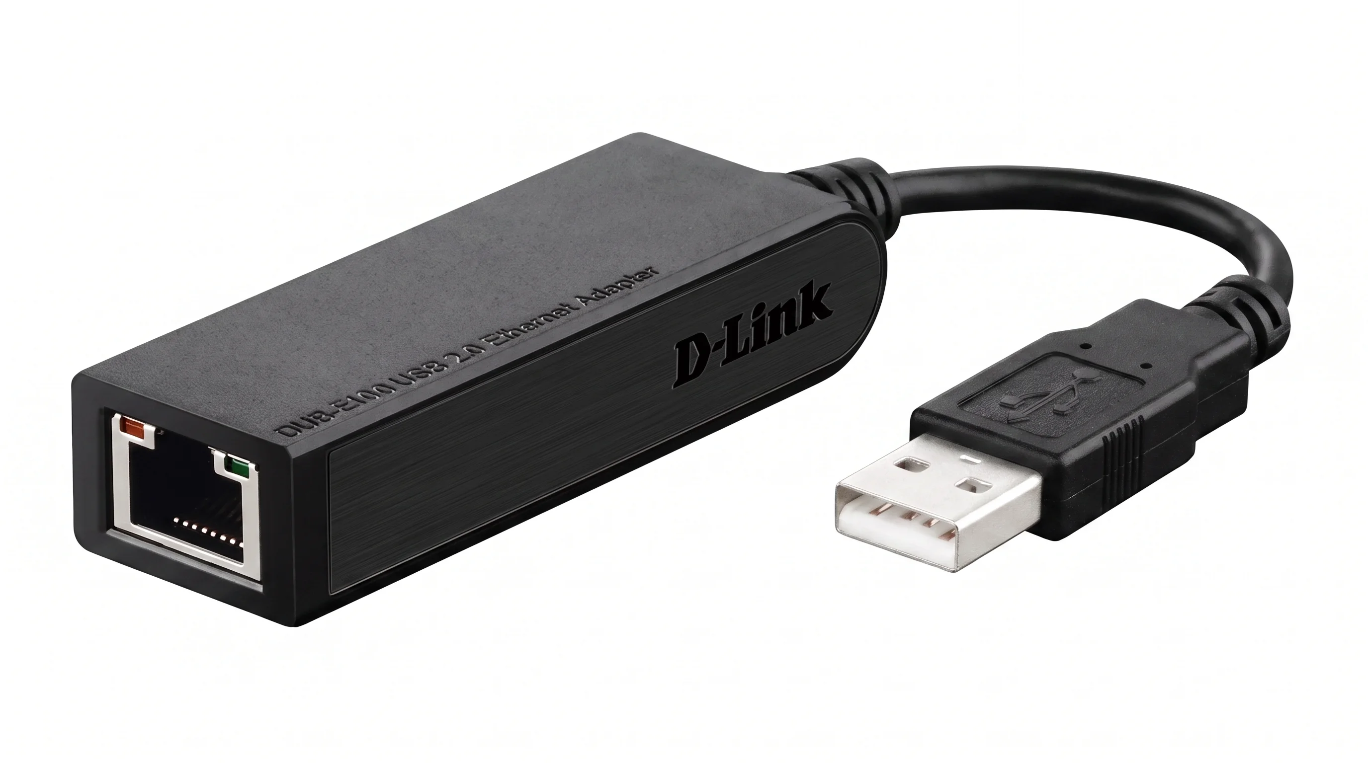Čierny USB ethernetový adaptér D-Link DUB-E100 s portom RJ-45 a USB konektorom na krátkom kábli.