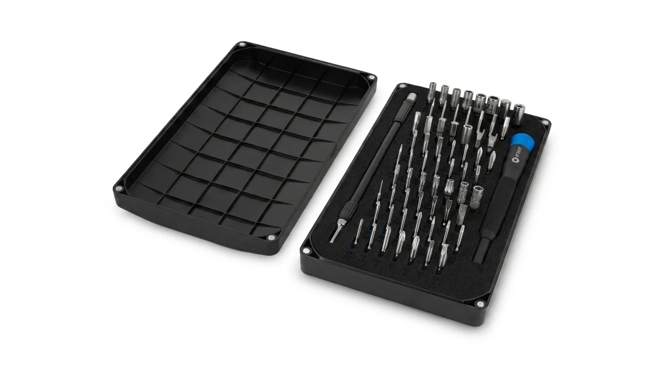 Otevřené černé pouzdro se sadou šroubováku iFixit, která obsahuje rukojeť s modrou koncovkou, prodlužovací nástavec a 64 precizních bitů.