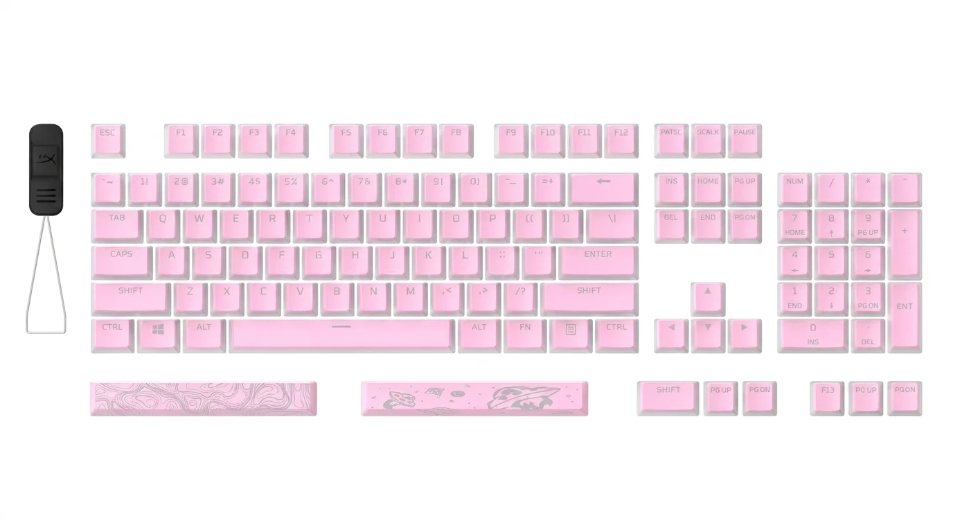 Kompletná sada ružových vymeniteľných klávesov HyperX Pudding Keycaps s čiernym nástrojom na ich vytiahnutie na bielom pozadí.