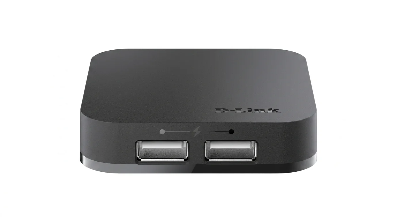 Černý USB hub D-Link se dvěma USB porty na přední straně a logem na horní části.