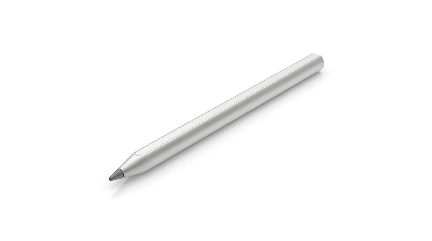 Strieborné dotykové pero HP Wireless Rechargeable USI Pen s tmavosivým hrotom na bielom pozadí.