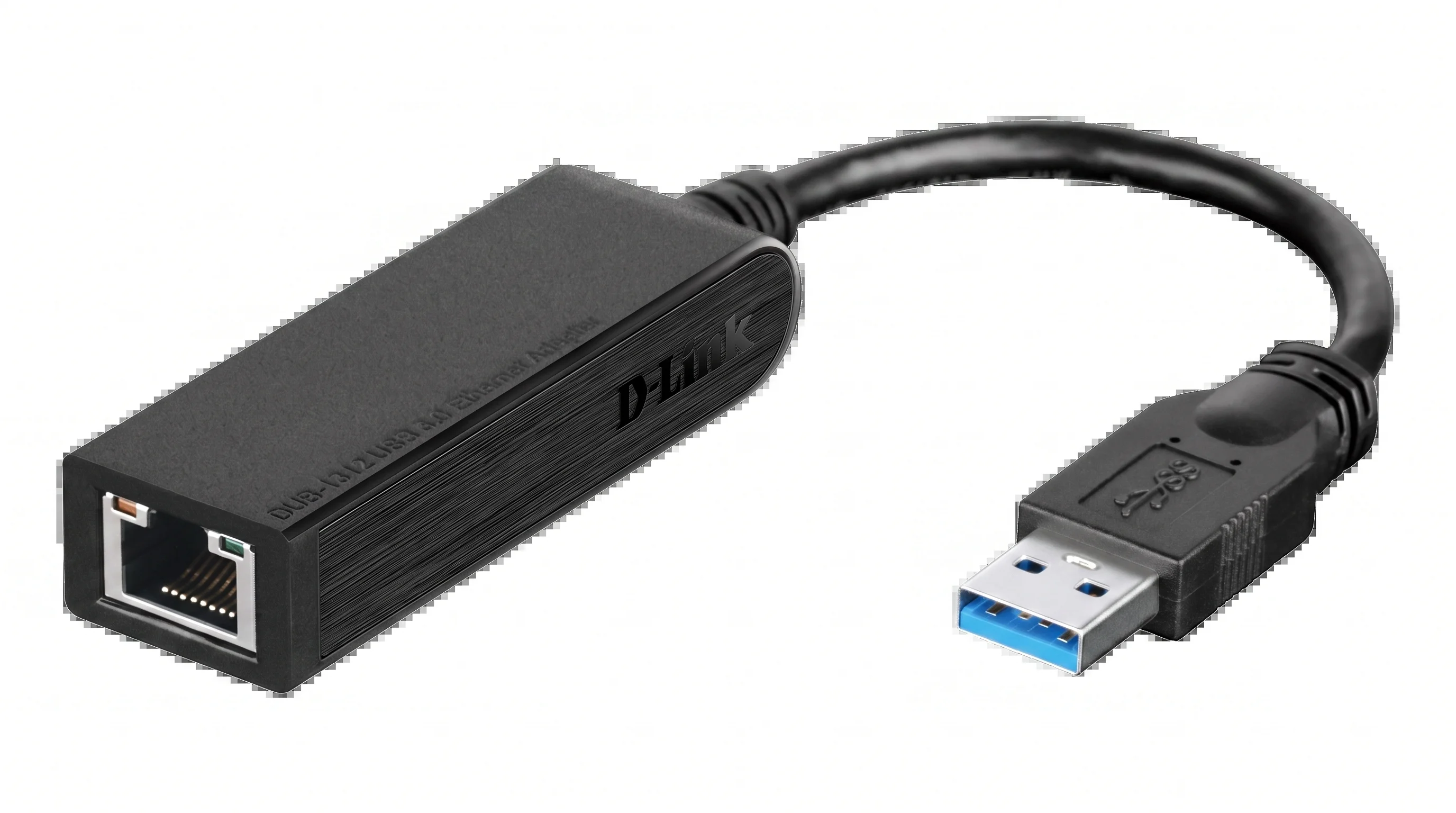 Černý USB adaptér D-Link DUB-1312 s konektorem USB 3.0 typu A a síťovým portem RJ-45.