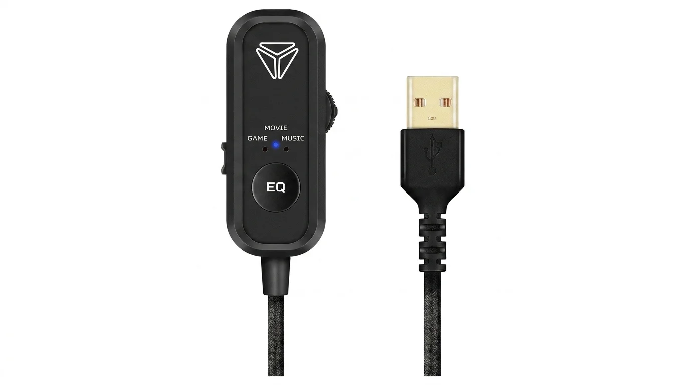 Černá externí zvuková karta Yenkee YUA 100 s ovládacím panelem, tlačítkem EQ a pozlaceným USB konektorem.