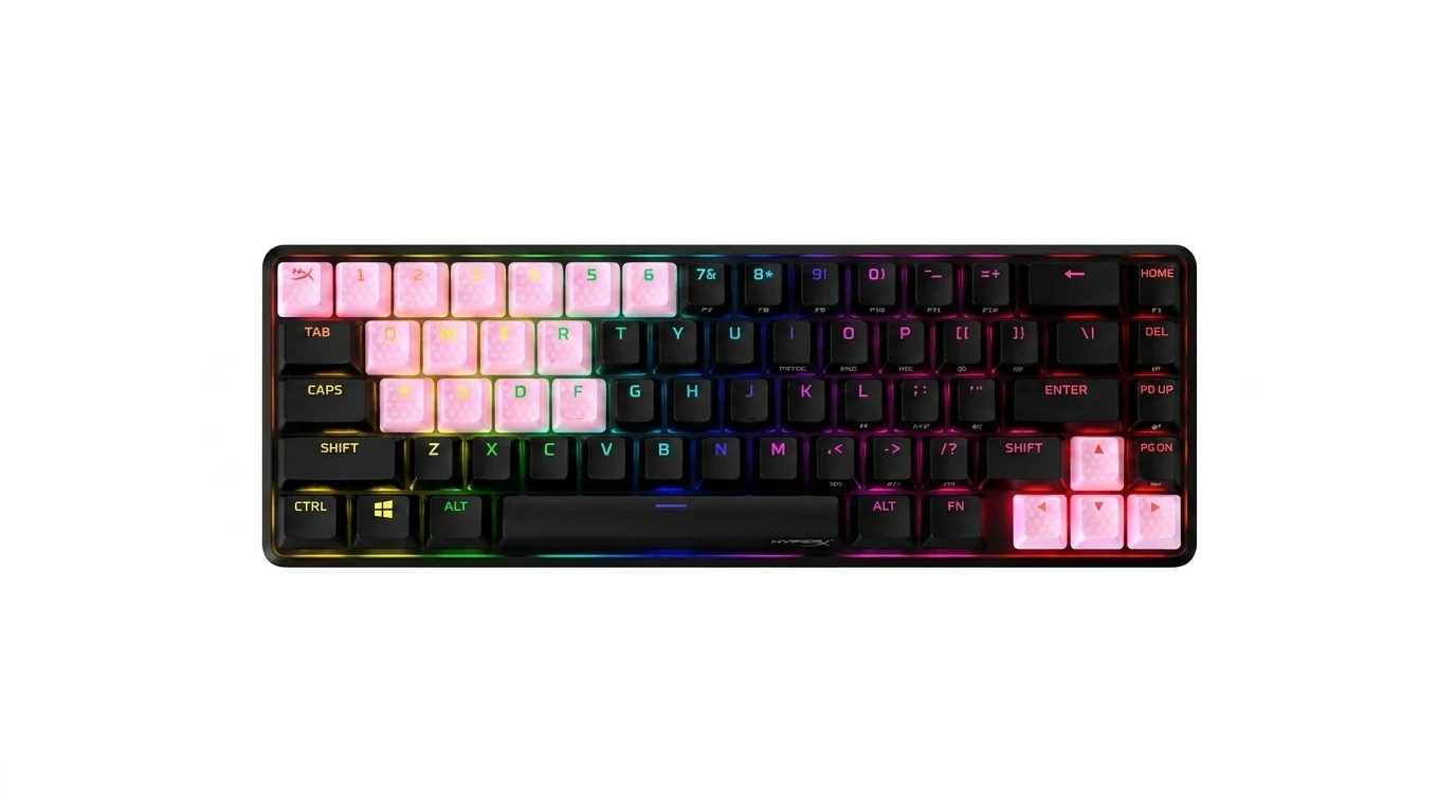 Čierna mechanická klávesnica s nainštalovanými ružovými textúrovanými klávesmi HyperX Rubber Keycaps a farebným RGB podsvietením.