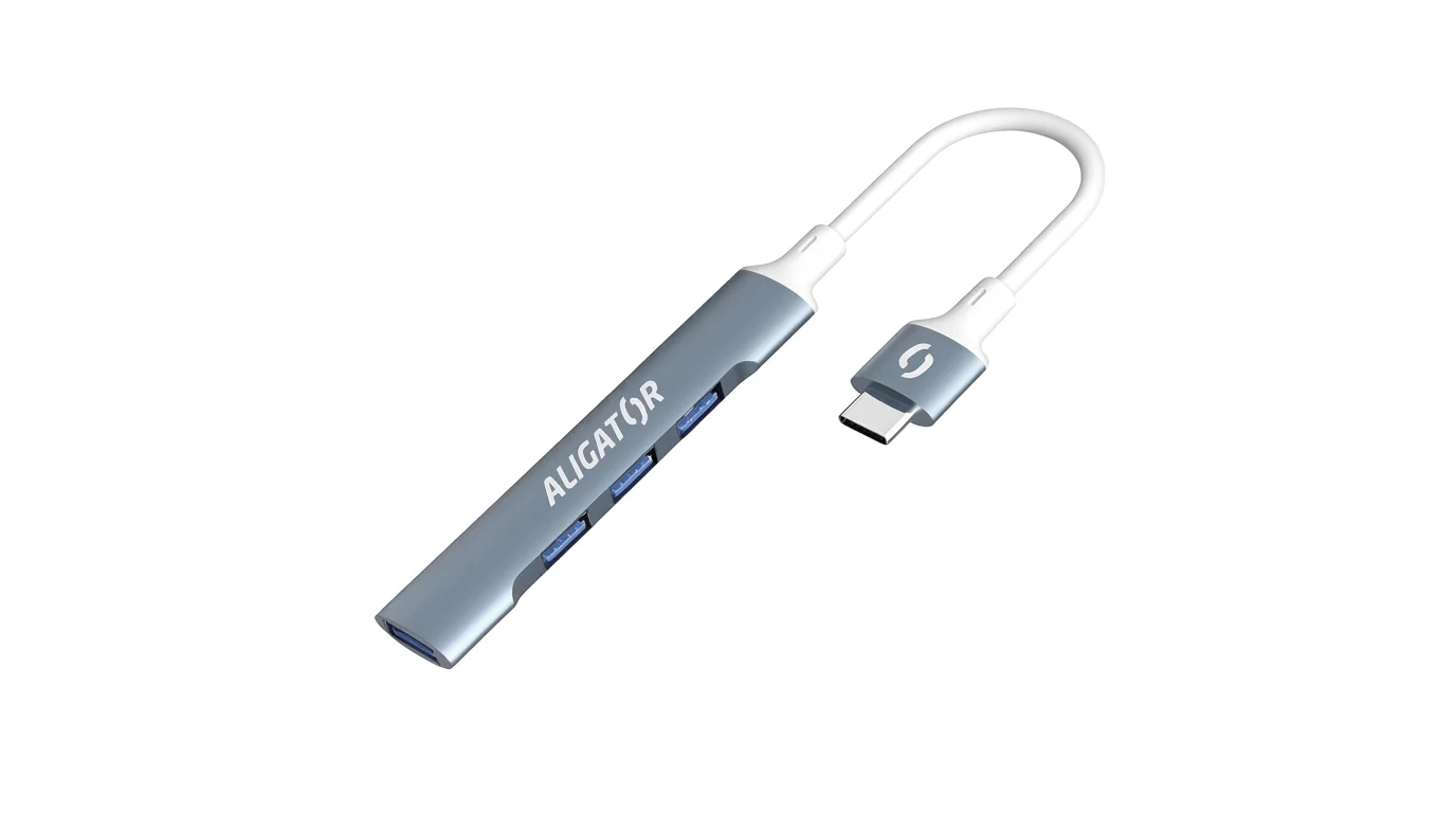 Elegantní šedý USB Hub Aligator se čtyřmi porty USB-A a bílým kabelem zakončeným konektorem USB-C.