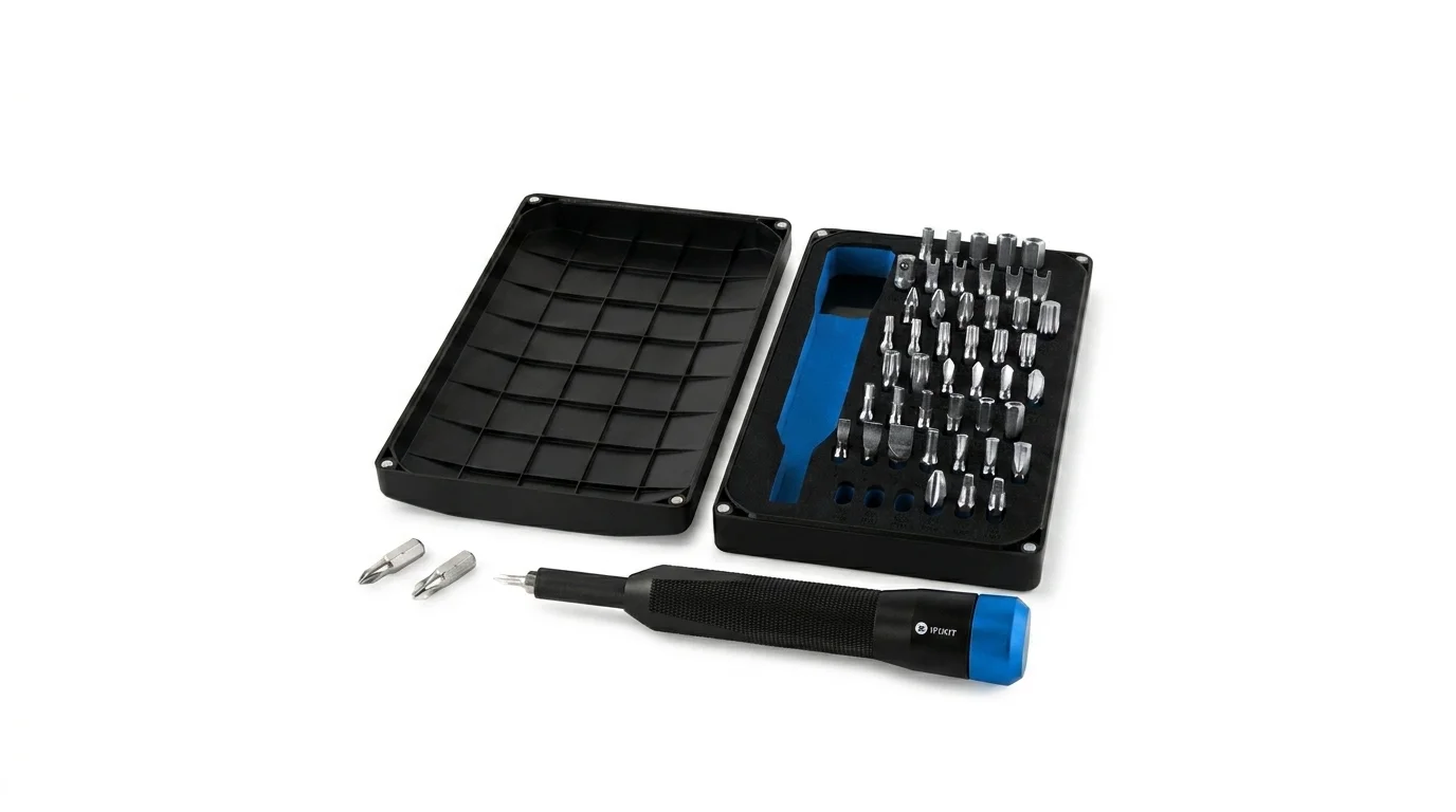 Otevřená sada šroubováku iFixit se 48 bity v černém pouzdře a hliníkovou rukojetí s modrým zakončením.