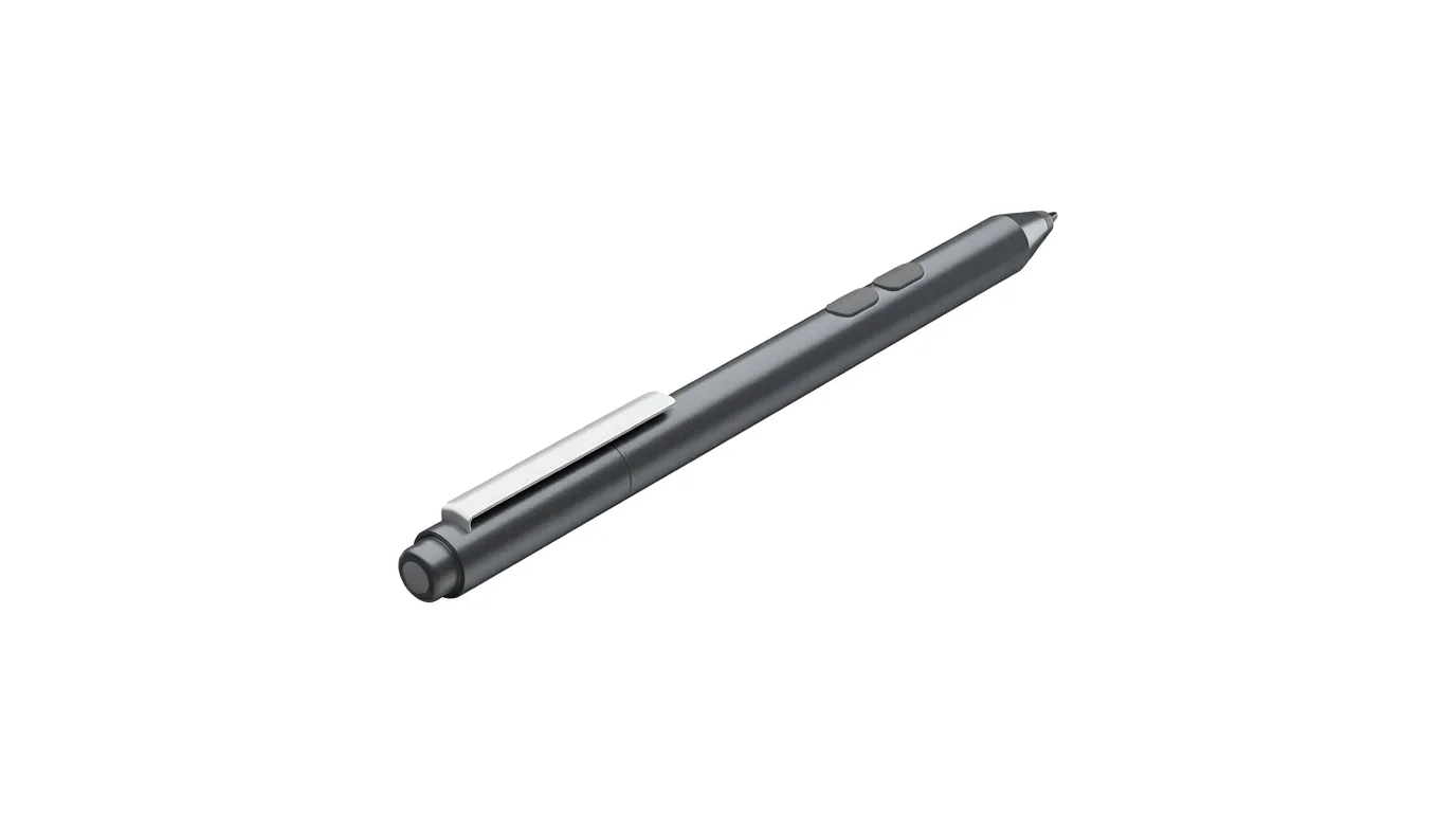 Tmavosivé dotykové pero HP MPP 1.5 Pen so strieborným klipom a dvoma tlačidlami na bielom pozadí.