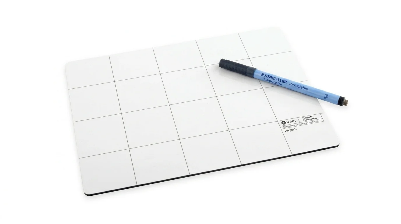 Bílá magnetická podložka iFixit s mřížkovým vzorem a položeným modrým popisovačem Staedtler Lumocolor.