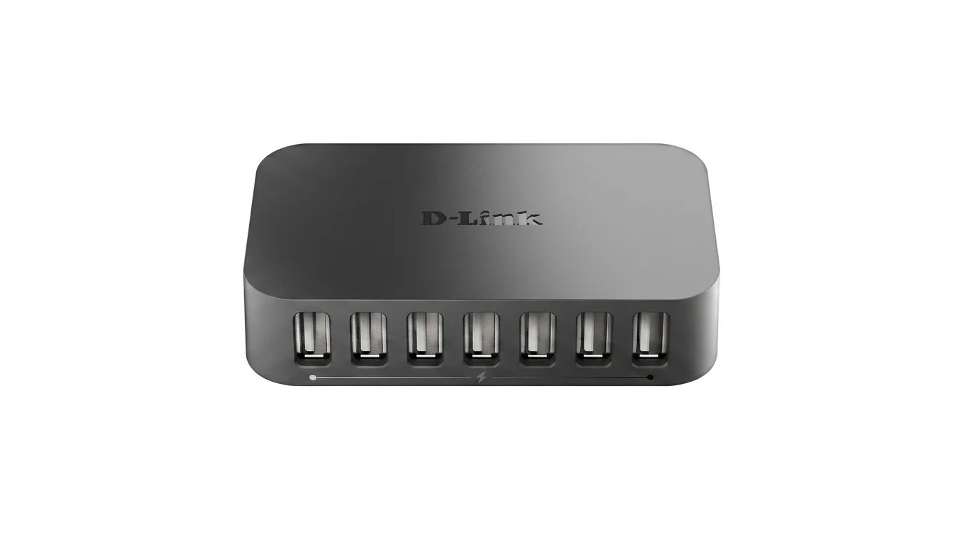 Černý USB hub D-Link DUB-H7 se sedmi porty USB na přední straně a logem na horní části.