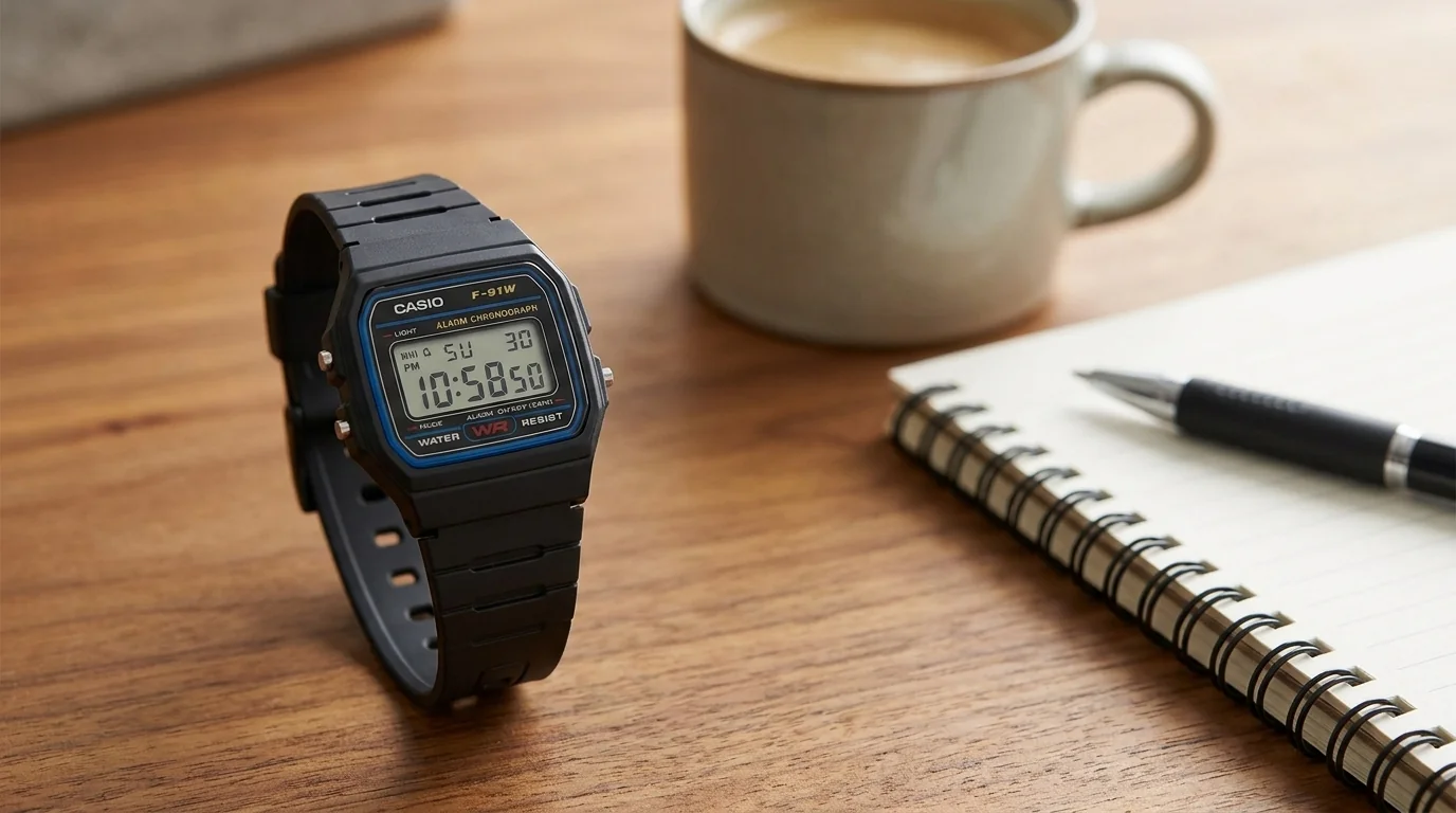 Černé digitální hodinky Casio F-91W na dřevěném stole vedle šálku kávy, kroužkového bloku a pera.