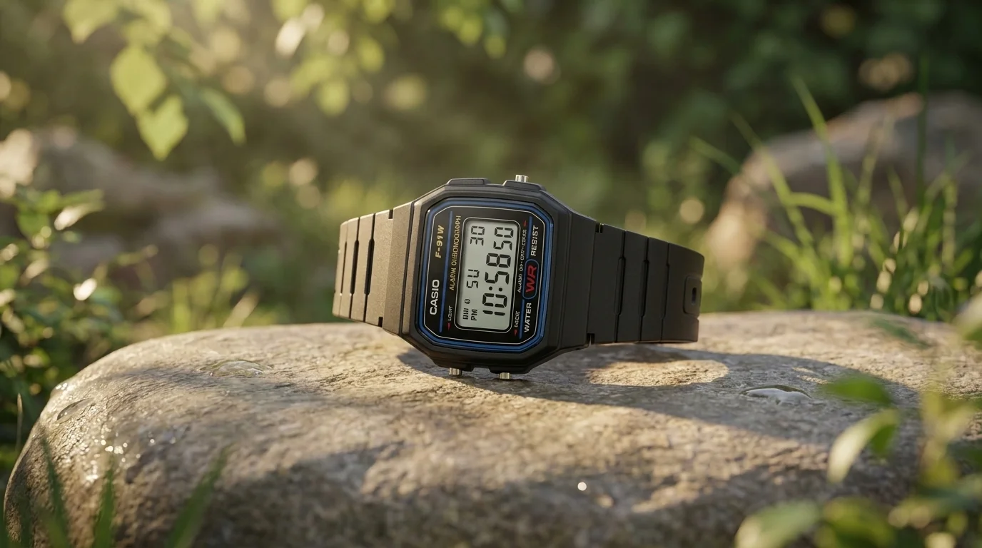 Černé digitální hodinky Casio F-91W položené na kameni v přírodním prostředí.