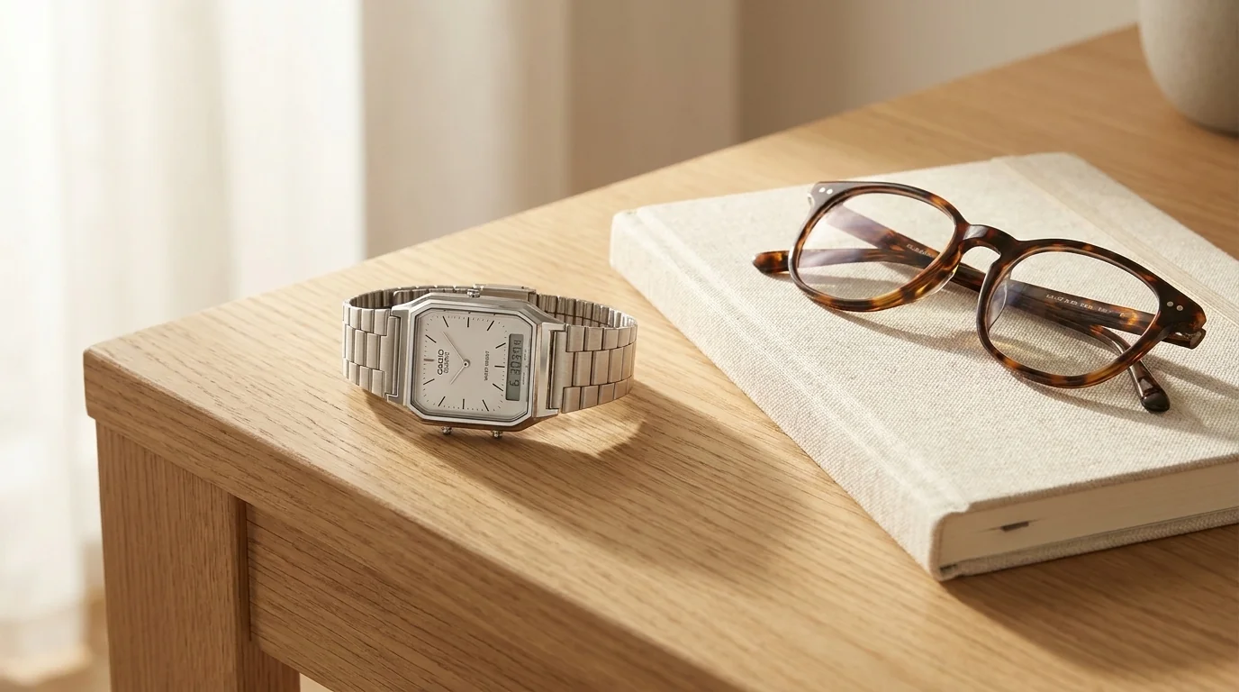 Hodinky Casio Vintage AQ-230A-7DMQYES so strieborným remienkom položené na drevenom stole vedľa okuliarov a zápisníka.