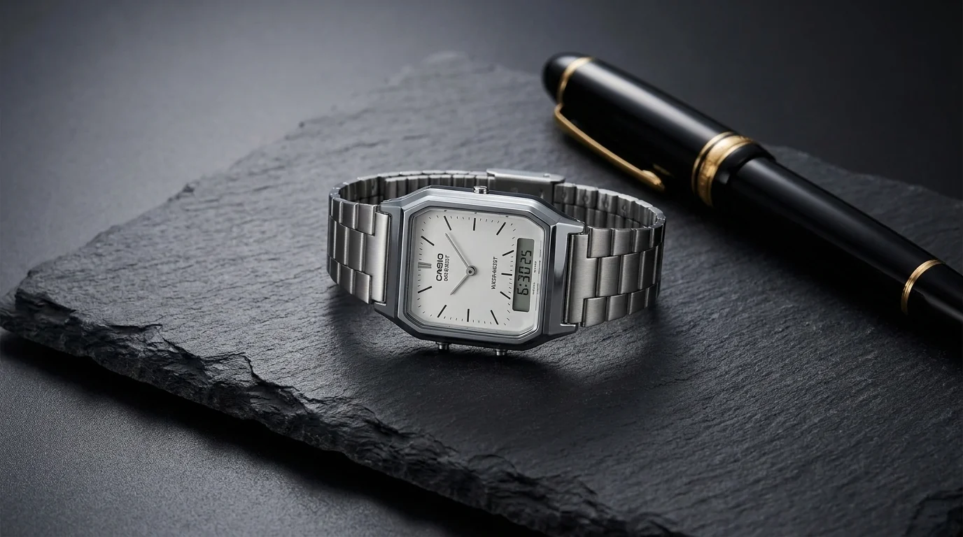 Strieborné náramkové hodinky Casio Vintage s kombinovaným ciferníkom položené na tmavej kamennej doske vedľa čierneho pera.