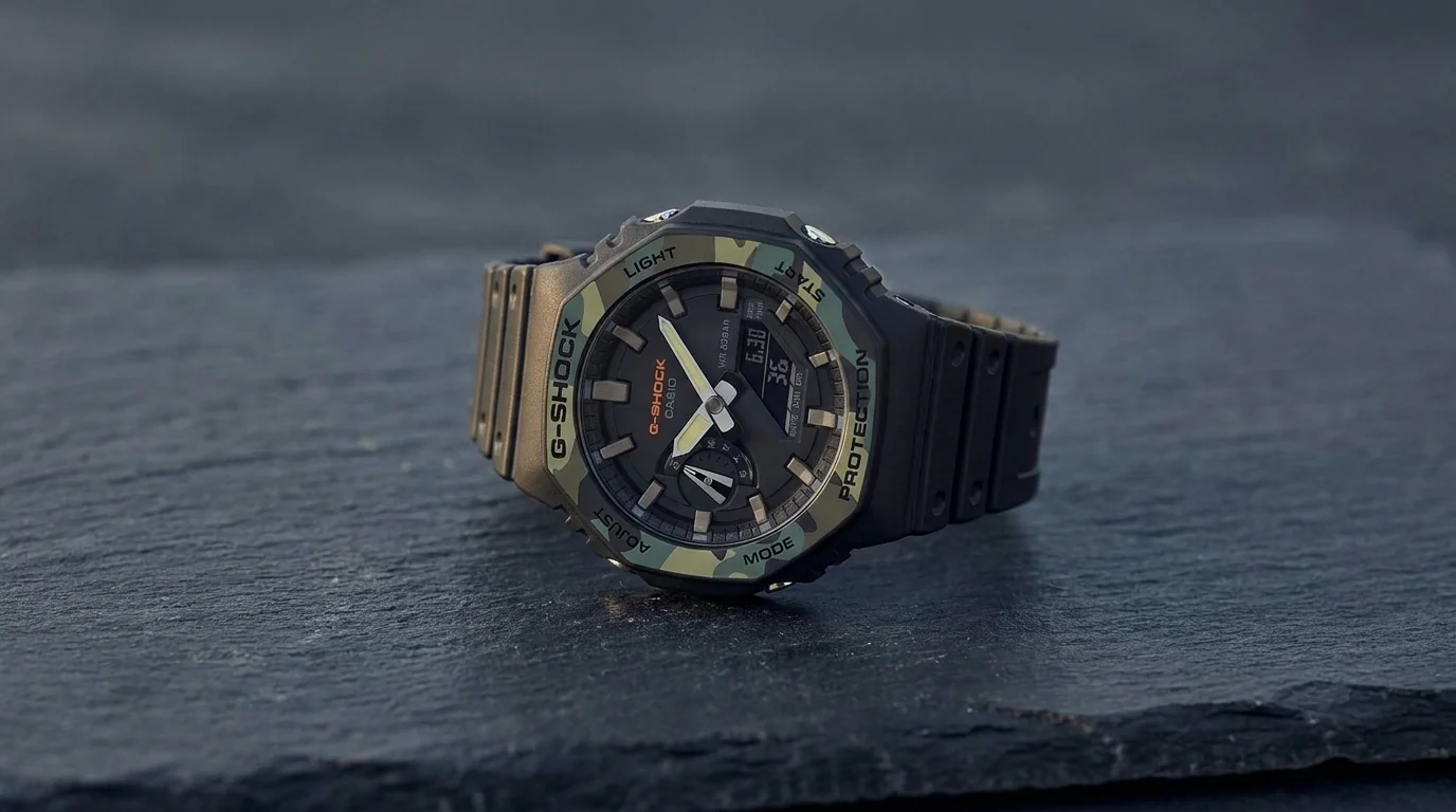Hodinky Casio G-SHOCK GA-2100SU-1AER s čiernym remienkom a maskáčovou lunetou položené na tmavom kameni.