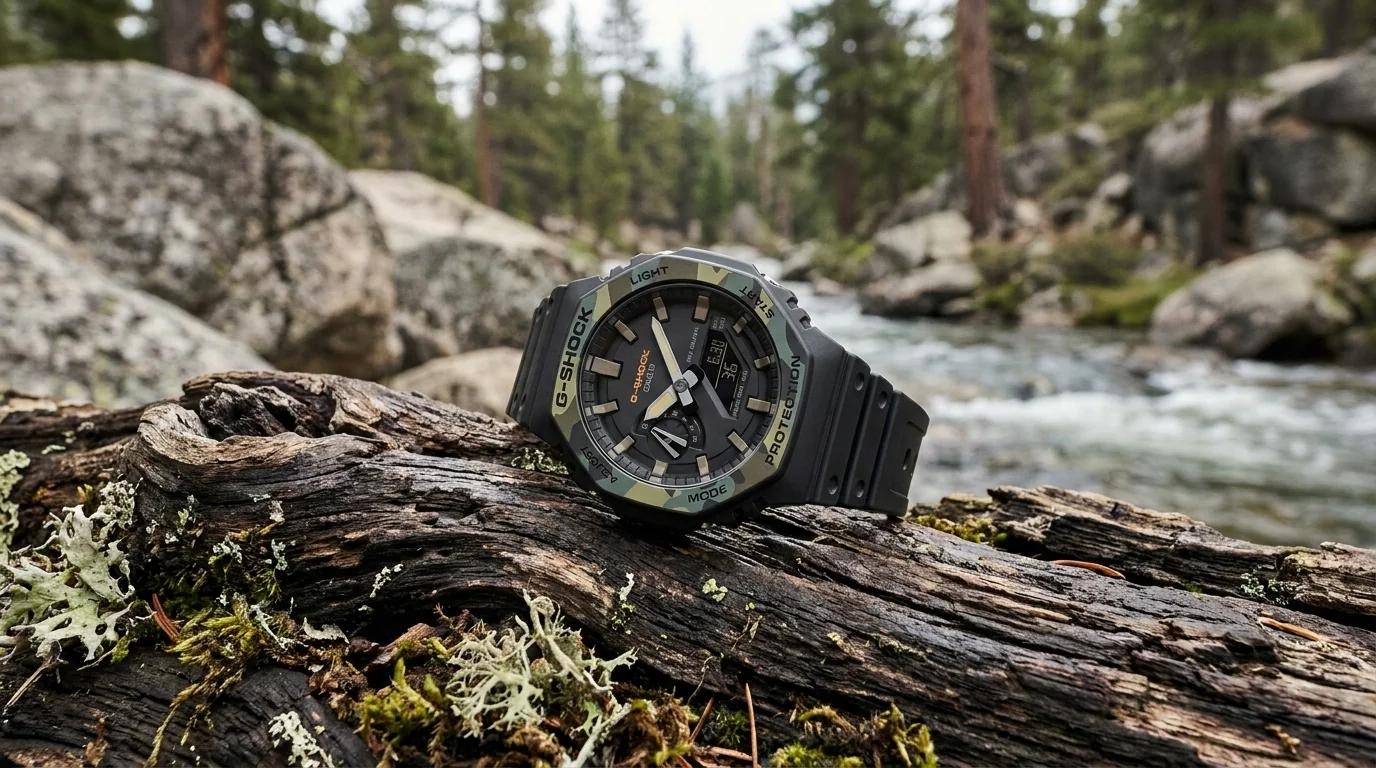 Hodinky Casio G-SHOCK GA-2100SU-1AER s maskáčovou lunetou položené na machom obrastenom dreve pri lesnom potoku.