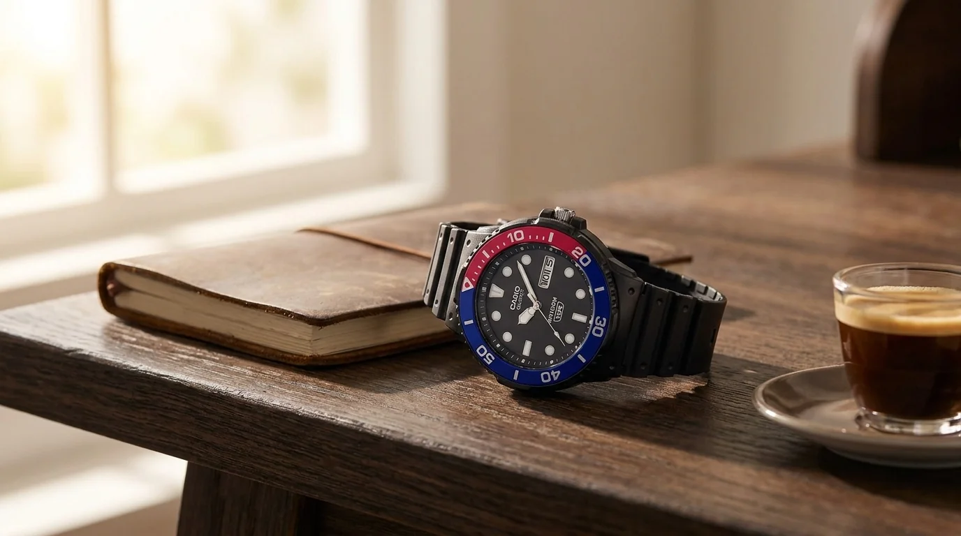 Čierne náramkové hodinky Casio s červeno-modrou lunetou položené na drevenom stole vedľa zápisníka a šálky kávy.