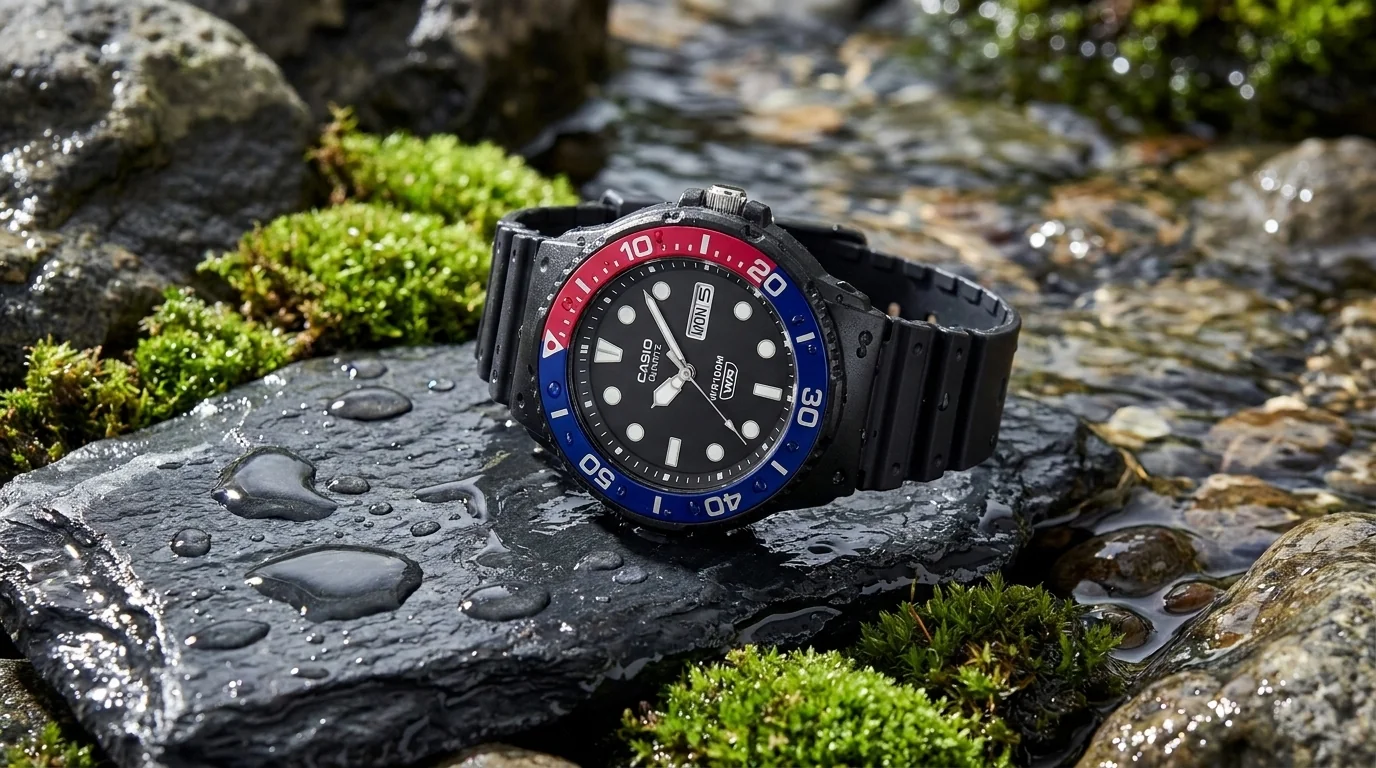 Náramkové hodinky Casio s červeno-modrou lunetou a čiernym remienkom položené na mokrom kameni obklopenom machom.