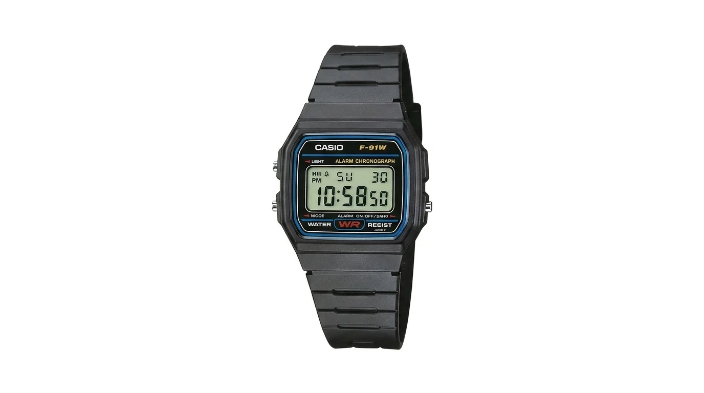 Černé digitální hodinky Casio F-91W s přehledným LCD displejem a pryskyřicovým řemínkem.