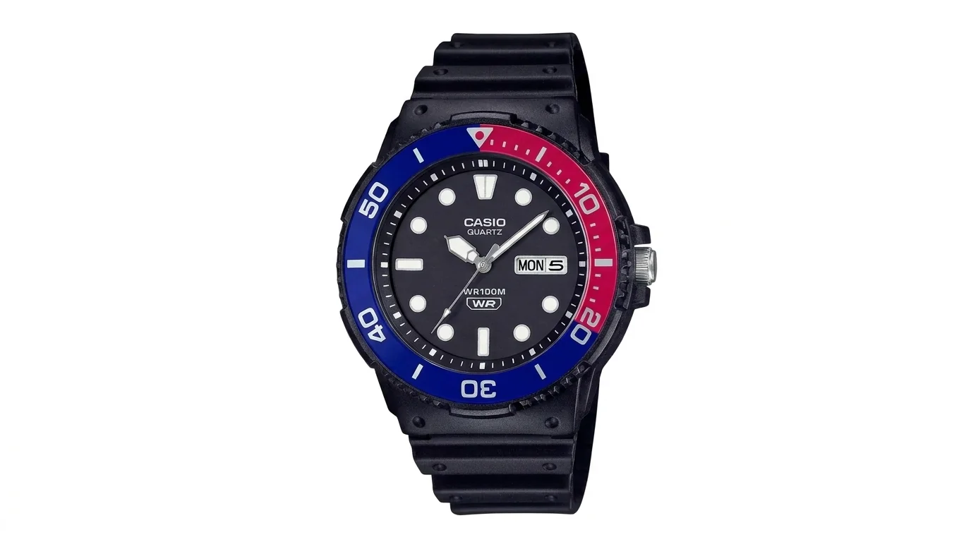 Náramkové hodinky Casio s čiernym analógovým ciferníkom, modro-červenou lunetou a čiernym remienkom.