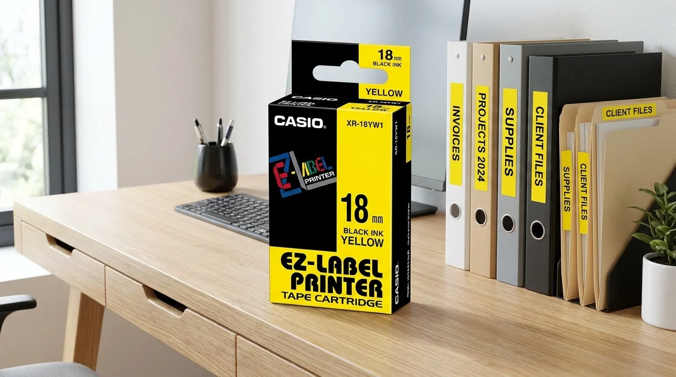 Krabička pásky Casio XR-18YW1 na kancelárskom stole vedľa šanónov so žltými štítkami.