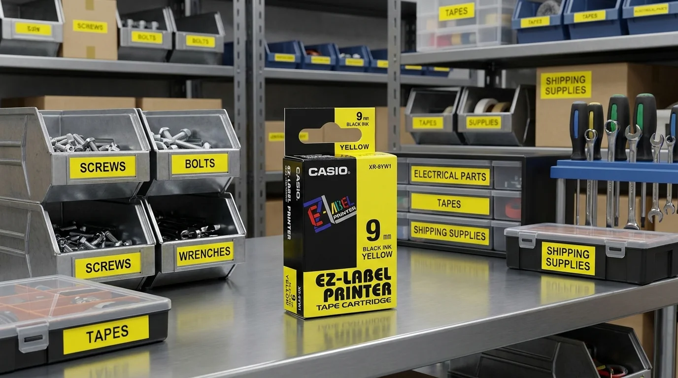 Balení pásky Casio na pracovním stole obklopené úložnými boxy a organizéry se žlutými štítky.
