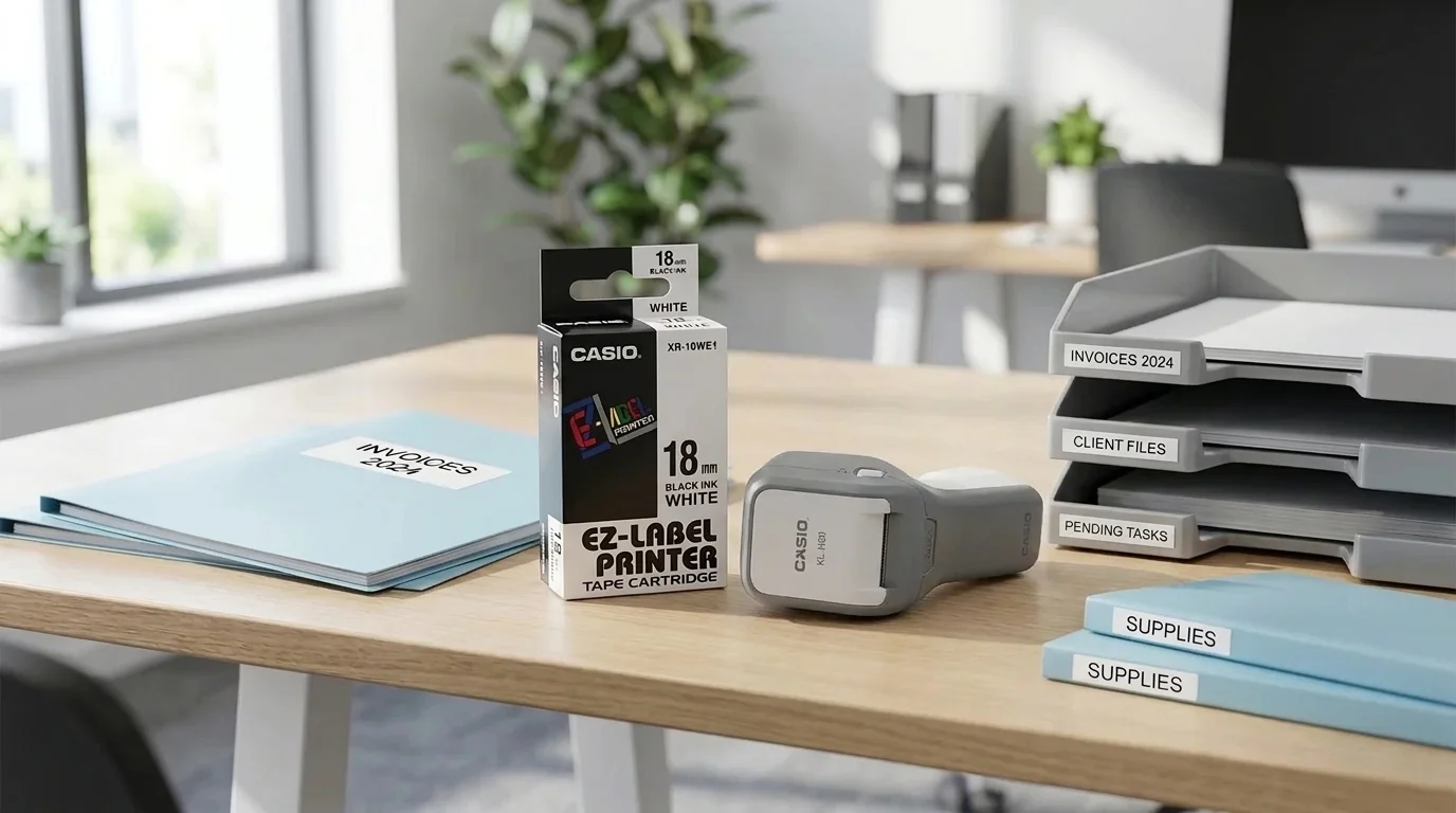Krabička s páskou Casio XR-18WE1, tiskárna štítků a označené kancelářské složky a organizéry na stole.