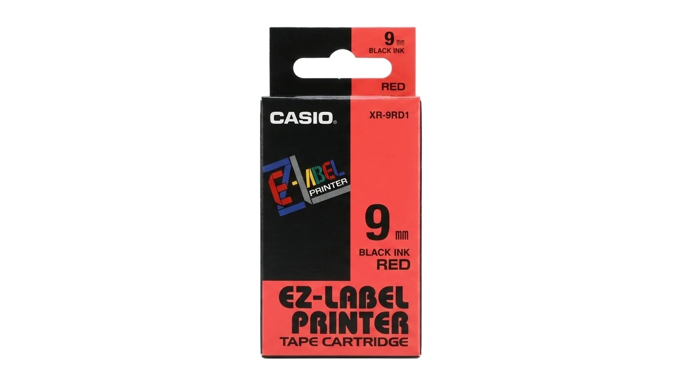Balenie pásky Casio EZ-Label Printer XR-9RD1 so šírkou 9 mm a čiernym textom na červenom podklade.