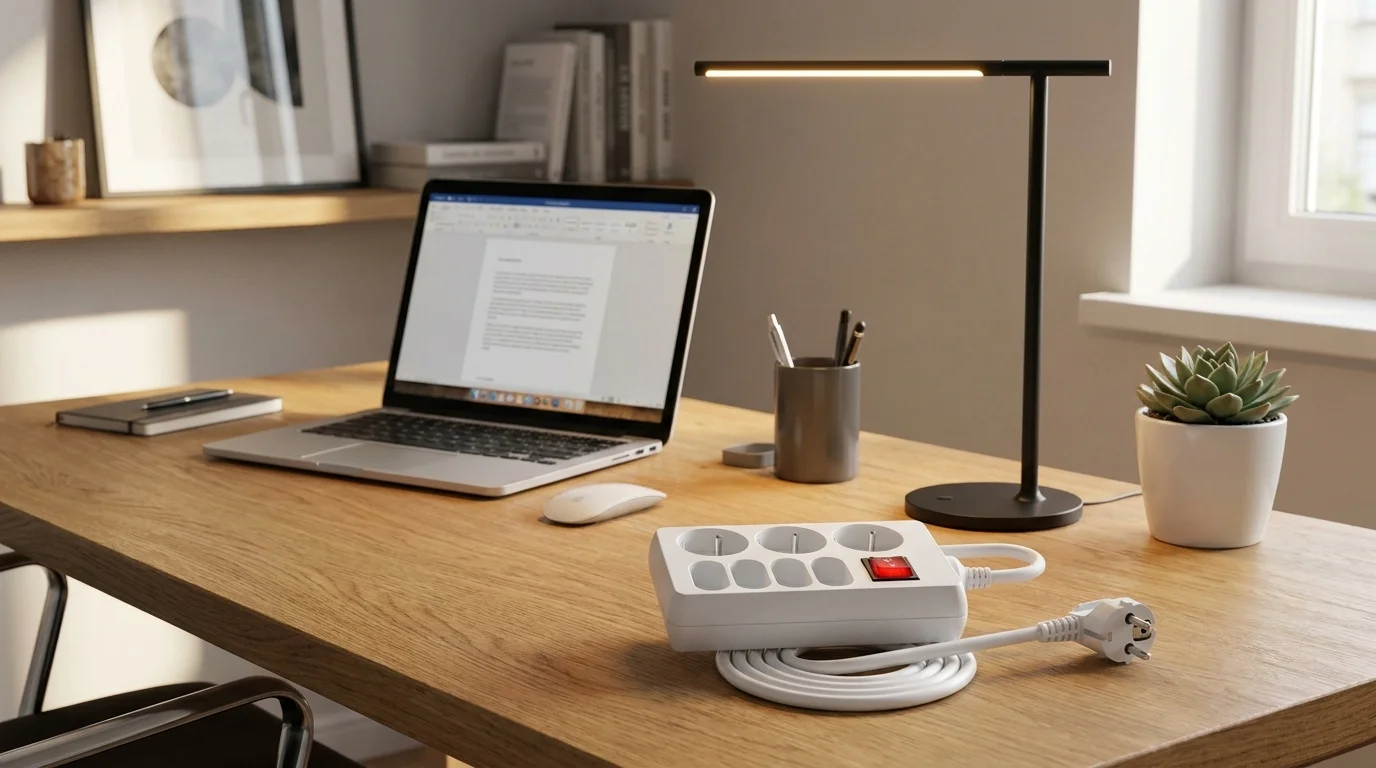 Biely predlžovací kábel Retlux so 7 zásuvkami a červeným vypínačom na drevenom pracovnom stole vedľa notebooku a lampy.