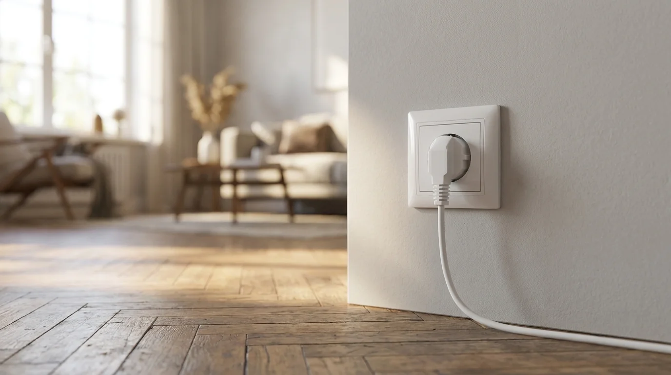 Biela sieťová zástrčka Retlux RPC 64 zapojená do elektrickej zásuvky na stene v interiéri.