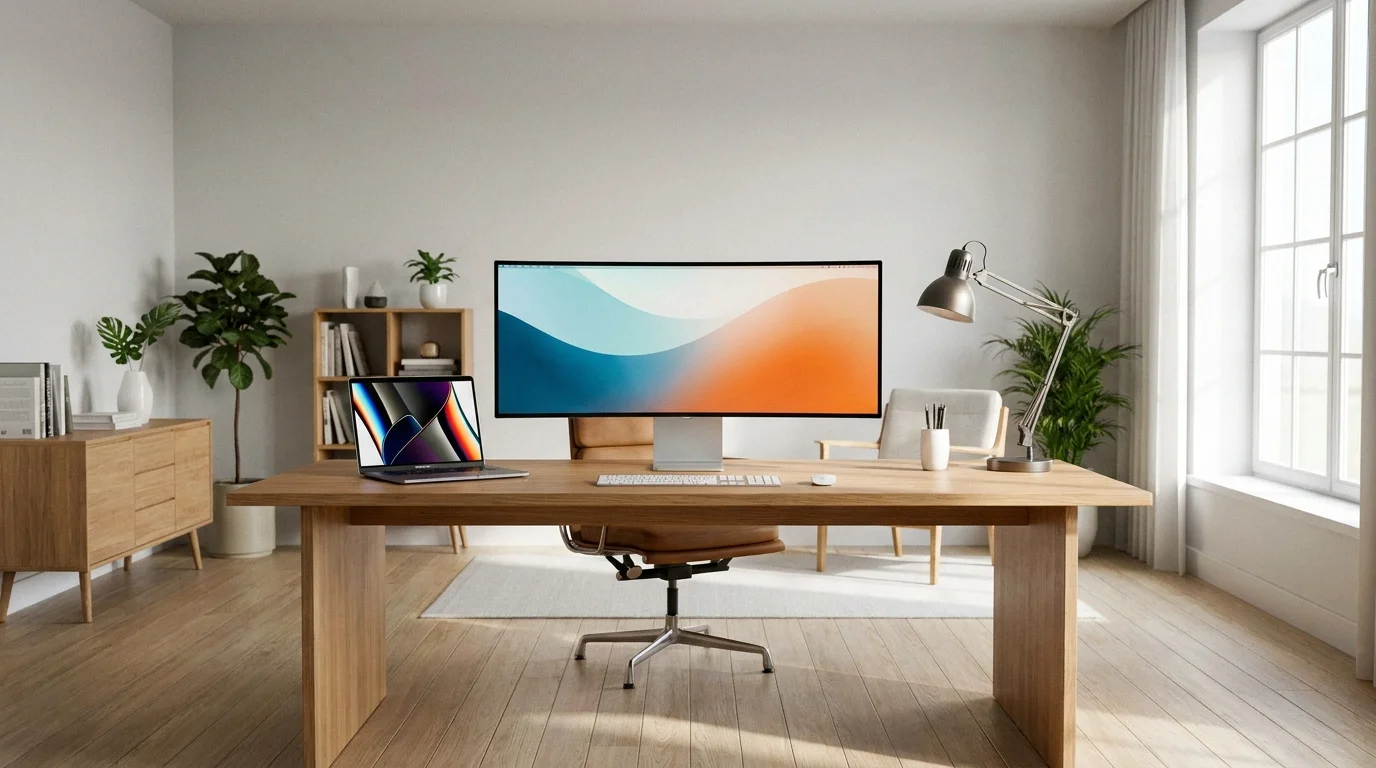 Svetlá pracovňa s dreveným stolom, na ktorom je umiestnený širokouhlý monitor, notebook, klávesnica a stolná lampa.