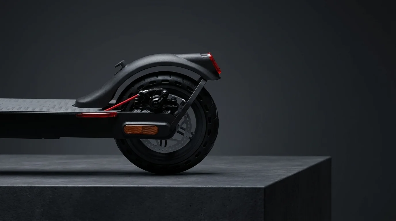 Zadní blatník s držákem a červeným světlem namontovaný na zadním kole elektrické koloběžky Sencor Scooter One.