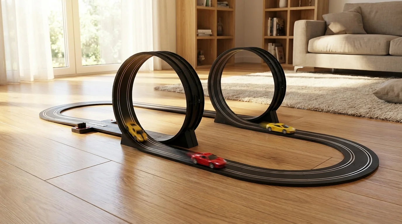 Autodráha Buddy Toys BST 1633 s dvoma lopingmi a pretekajúcimi autíčkami rozložená na podlahe.