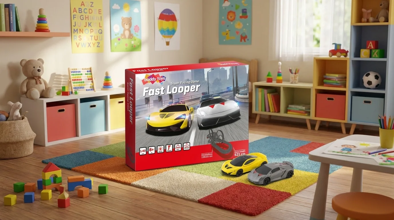 Balenie autodráhy Buddy Toys Fast Looper a dve autíčka položené na farebnom koberci v detskej izbe.