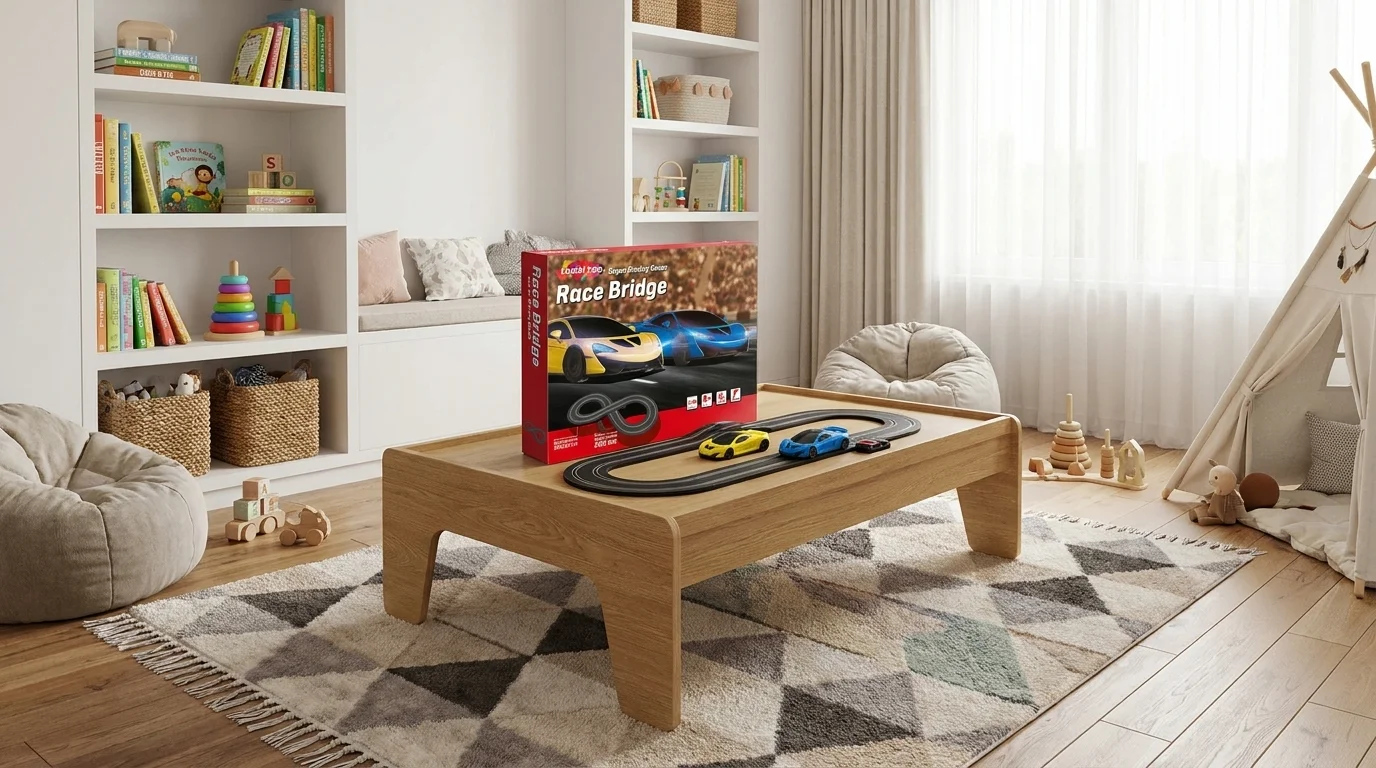Autodráha Buddy Toys BST 1263 s autíčkami a balením položená na nízkom drevenom stole v detskej izbe.