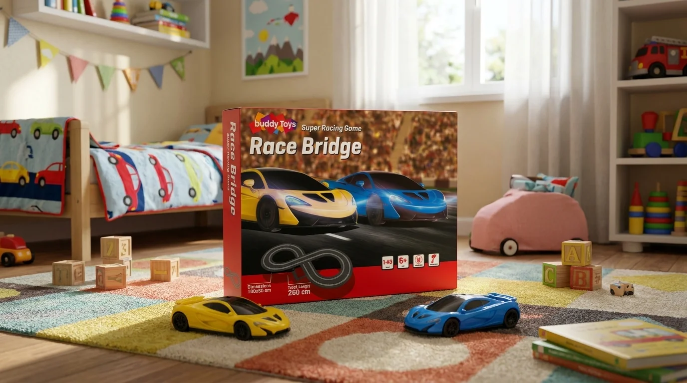 Balenie autodráhy Buddy Toys Race Bridge so žltým a modrým pretekárskym autíčkom na koberci v detskej izbe.