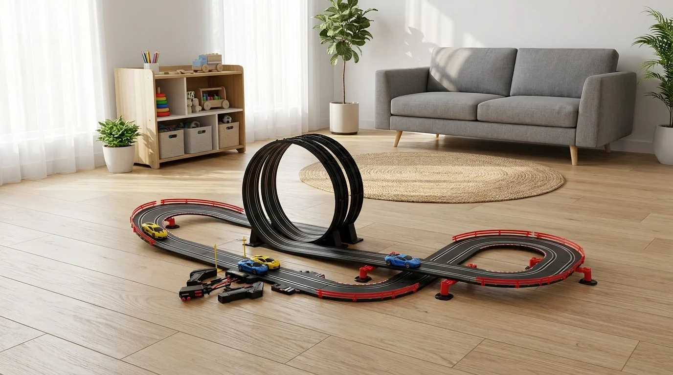 Zostavená autodráha Buddy Toys s dvojitým lopingom, autíčkami a ručnými ovládačmi na drevenej podlahe v izbe.