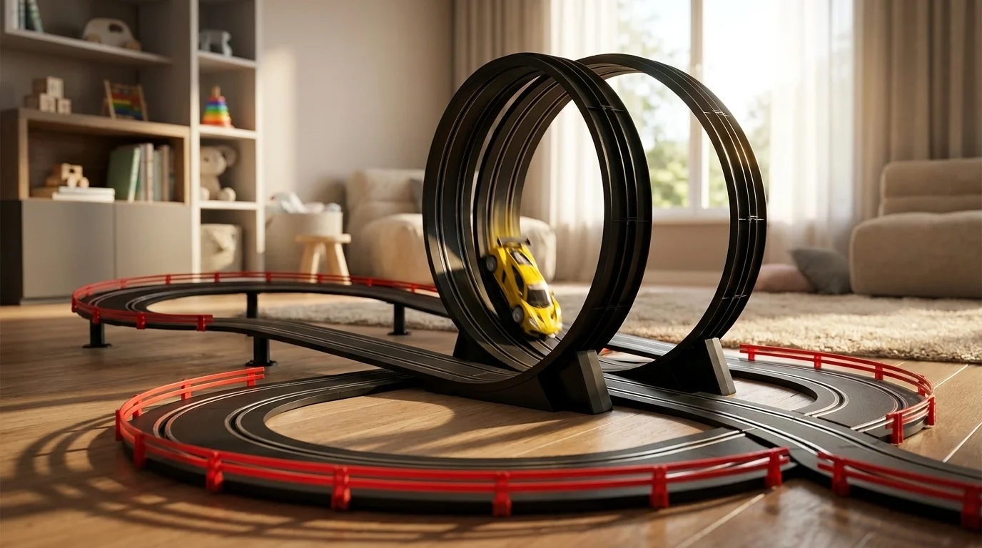 Autodráha Buddy Toys BST 1731 rozložená na podlahe so žltým autíčkom prechádzajúcim cez vertikálny looping.