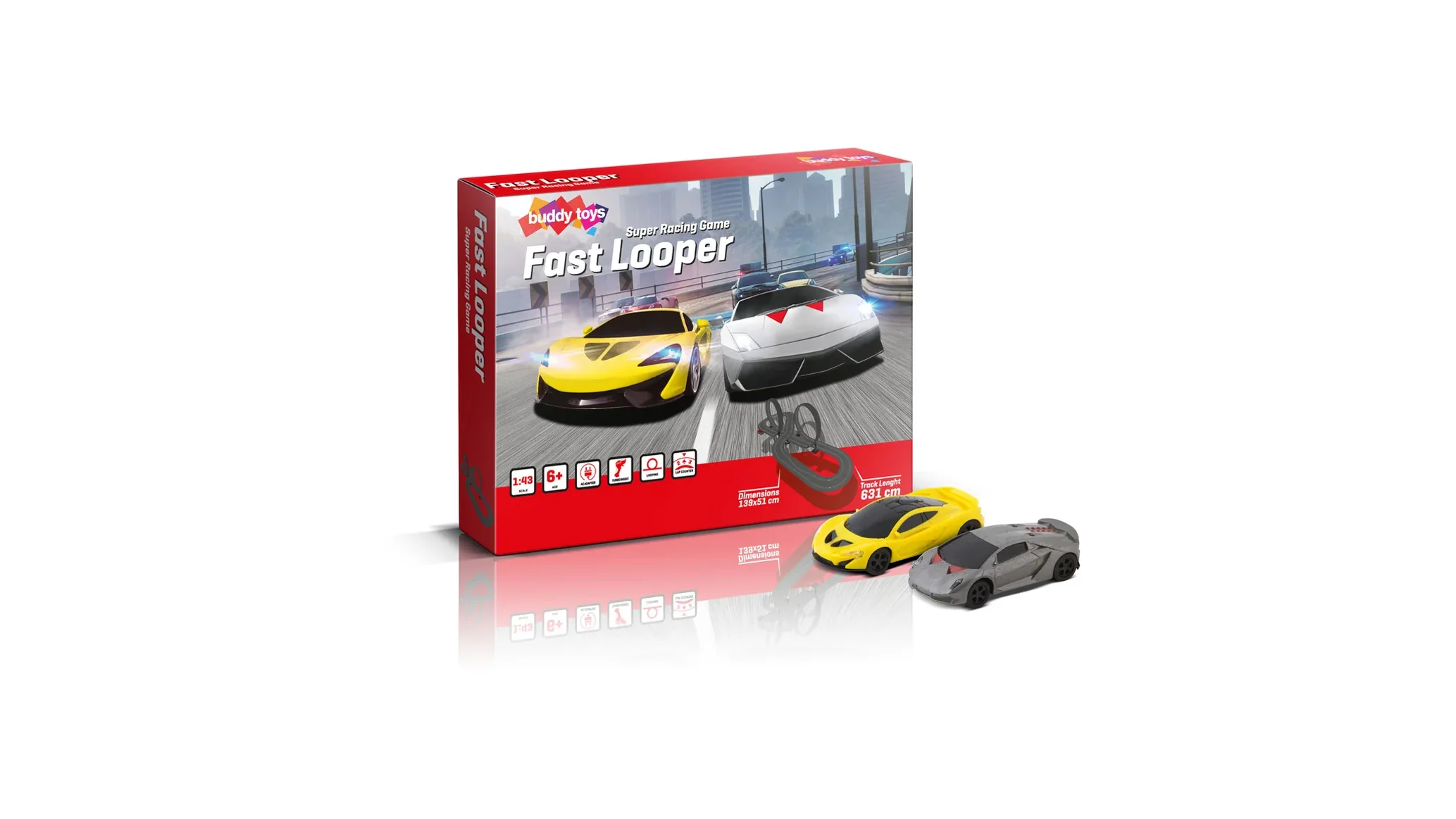 Balenie autodráhy Buddy Toys Fast Looper so žltým a sivým pretekárskym autíčkom v popredí.