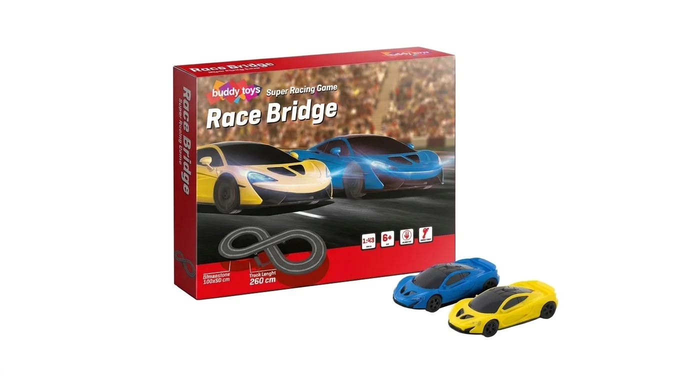 Krabica autodráhy Buddy Toys Race Bridge s modrým a žltým modelom pretekárskeho autíčka.