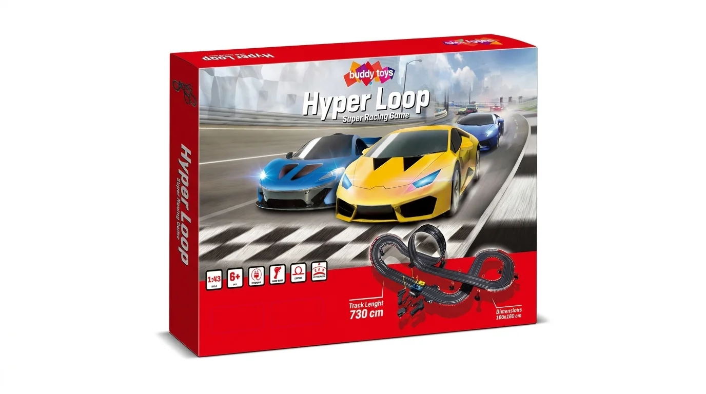 Červené balenie autodráhy Buddy Toys Hyper Loop so športovými autami a náhľadom zostavenej trate.