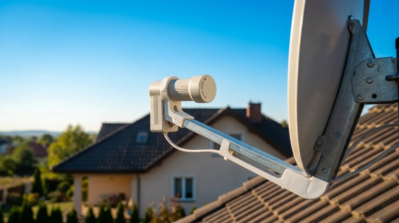 Satelitní LNB konvertor Zircon Single L-101 ECO namontovaný na rameni parabolické antény na střeše domu.