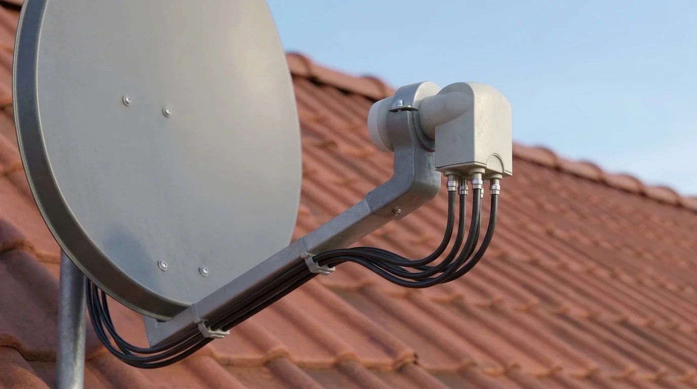 Konvertor Zircon L404 Quattro Eco se čtyřmi zapojenými kabely připevněný na satelitní parabole na střeše.