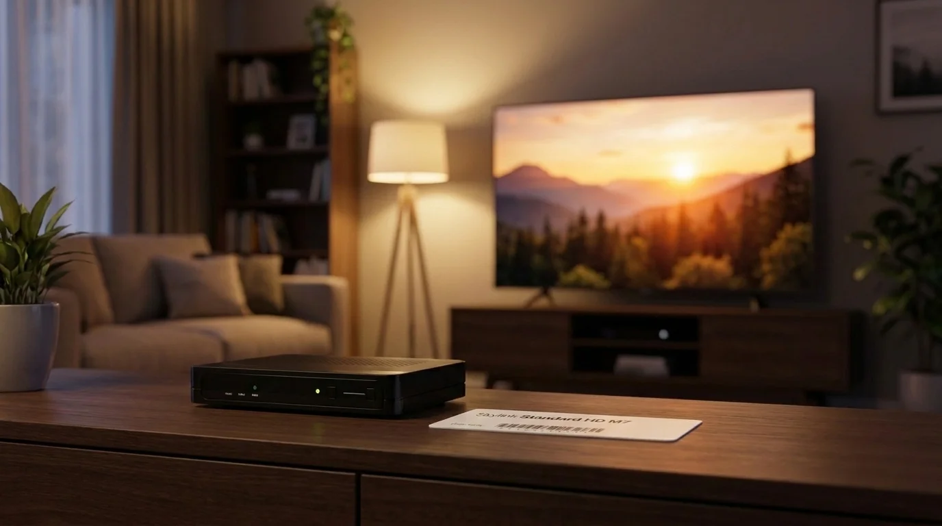 Dekódovacia karta Skylink Standard HD M7 a satelitný prijímač na drevenom stole pred televízorom v obývačke.