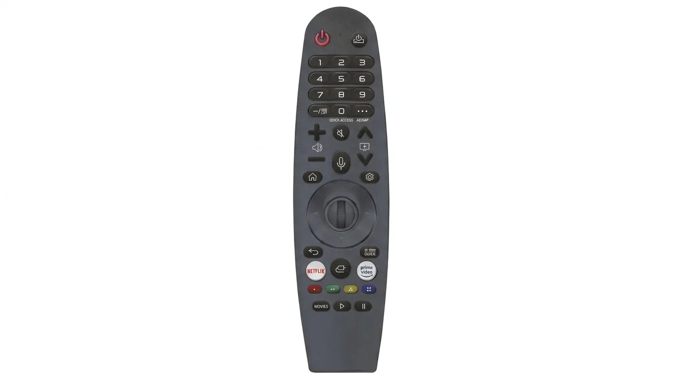 Černý dálkový ovladač Sencor SLE MAGIC s číselnou klávesnicí, rolovacím kolečkem a tlačítky Netflix a Prime Video.