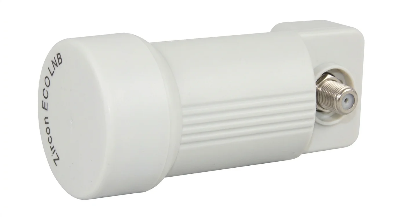 Bílý satelitní konvertor Zircon ECO LNB s jedním výstupním F konektorem.