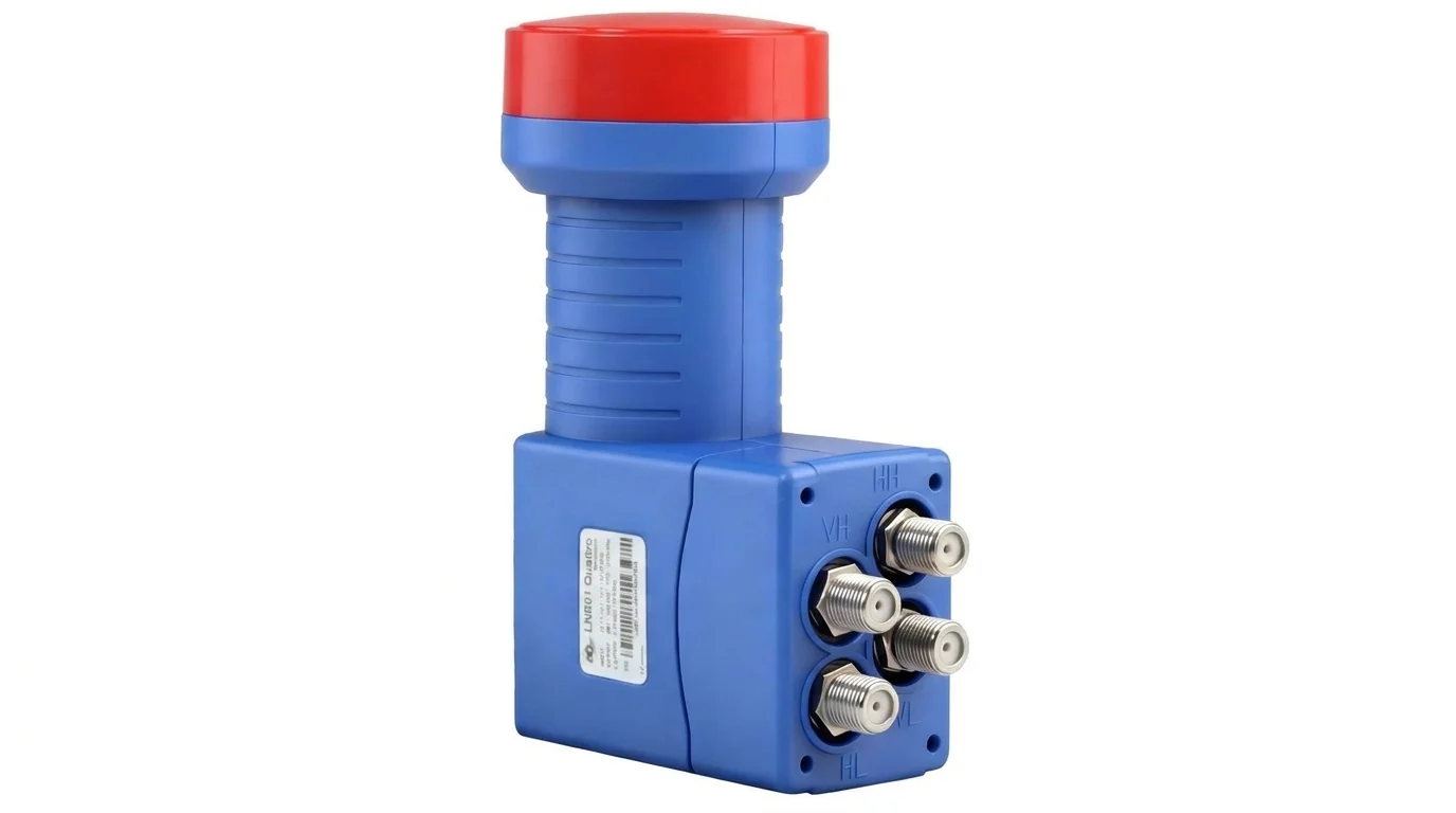 Konvertor AB LNB01 Quattro Red Edition v modrém provedení s červenou krytkou a čtyřmi F konektory.